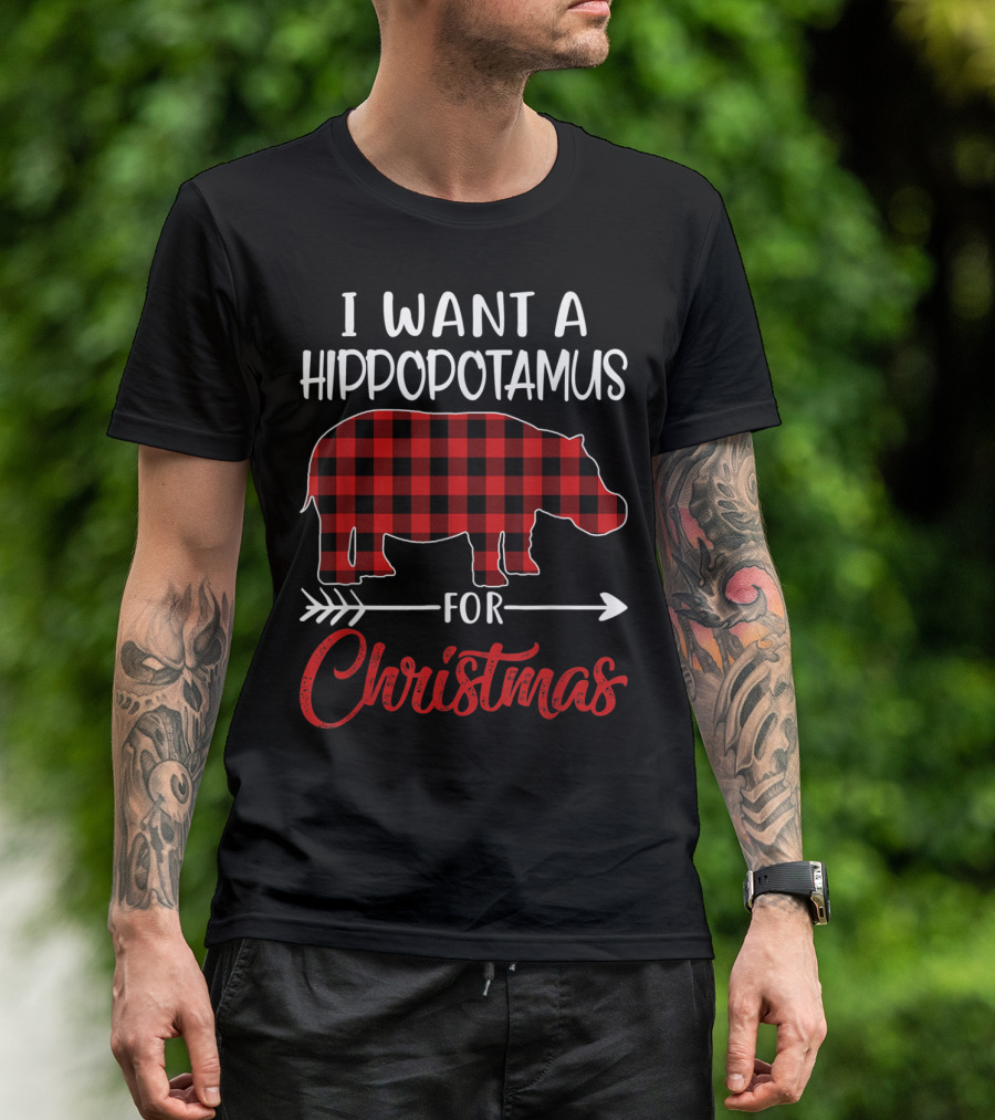 I Want A Hippopotamus For Christmas Buffalo Plaid Hippo T-Shirt
