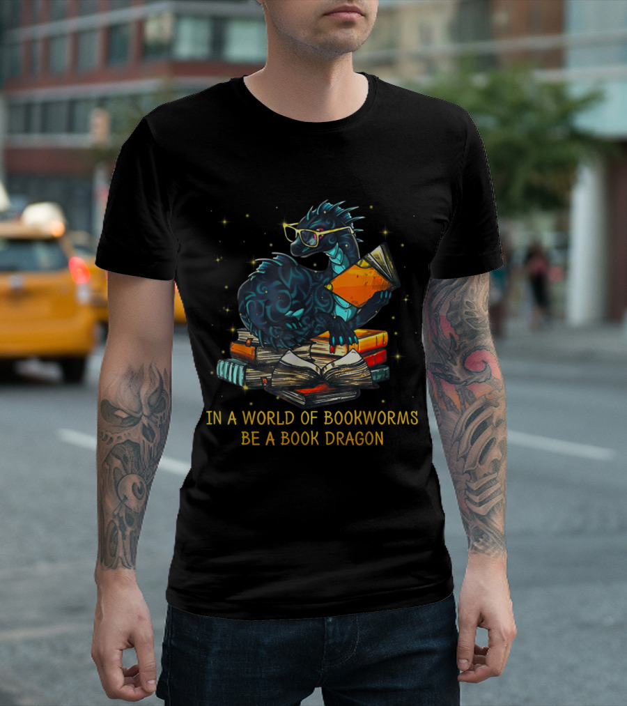 In a World of Bookworms Be a Book Dragon Wearing Glasses and Holding Books T-Shirt