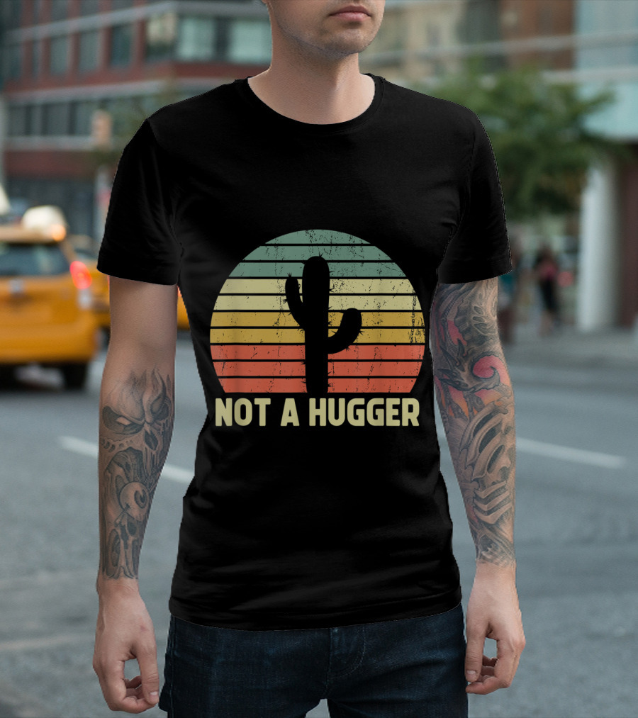 Not A Hugger Funny Cactus Sarcastic Introvert Retro Sunset T-Shirt