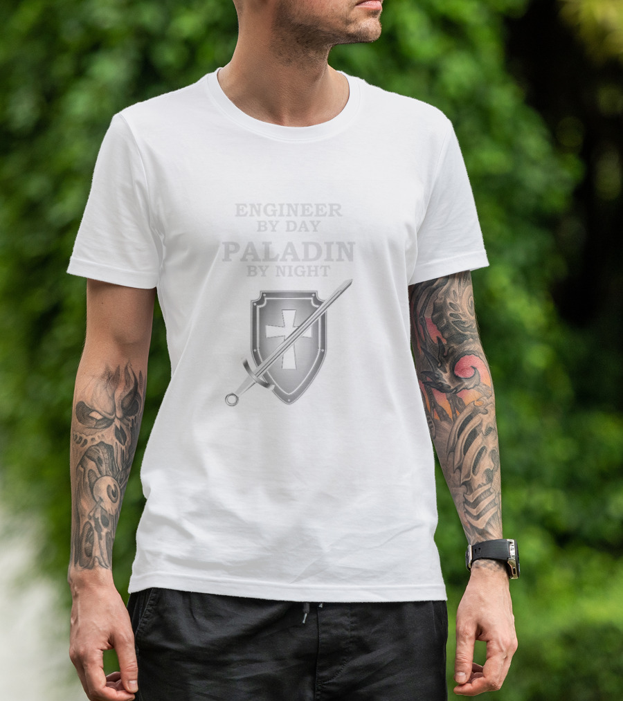 ENGINEER BY DAY PALADIN BY NIGHT RPG 5E CLASS MEME SHIELD SWORD ICON T-Shirt