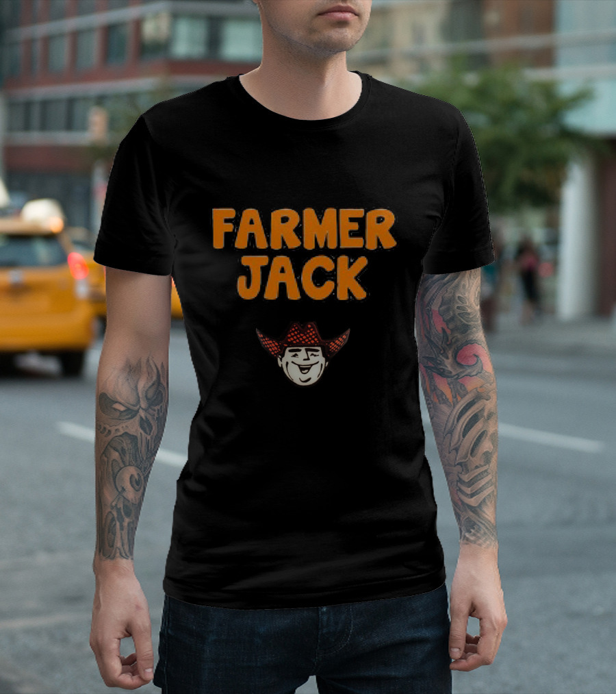 FARMER JACK Retro Grocery Store Branding with Smiling Farmer T-Shirt
