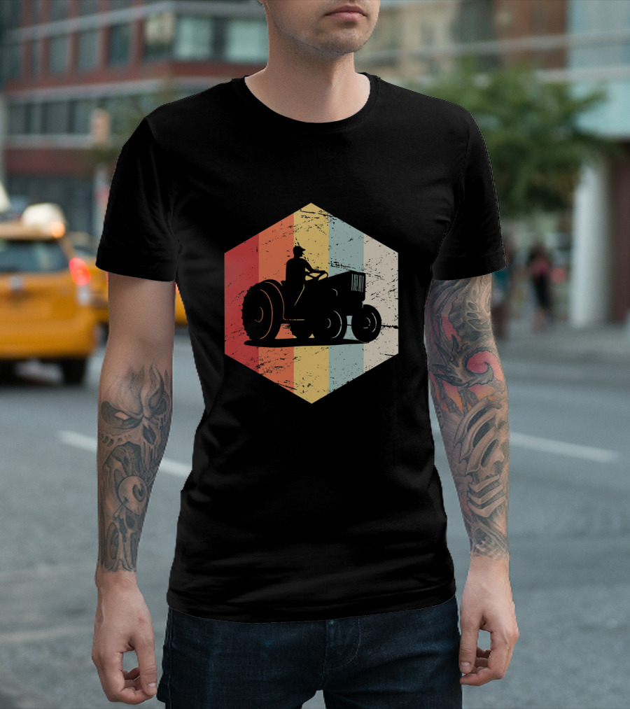 Retro Vintage Farmer Tractor Hexagon T-Shirt