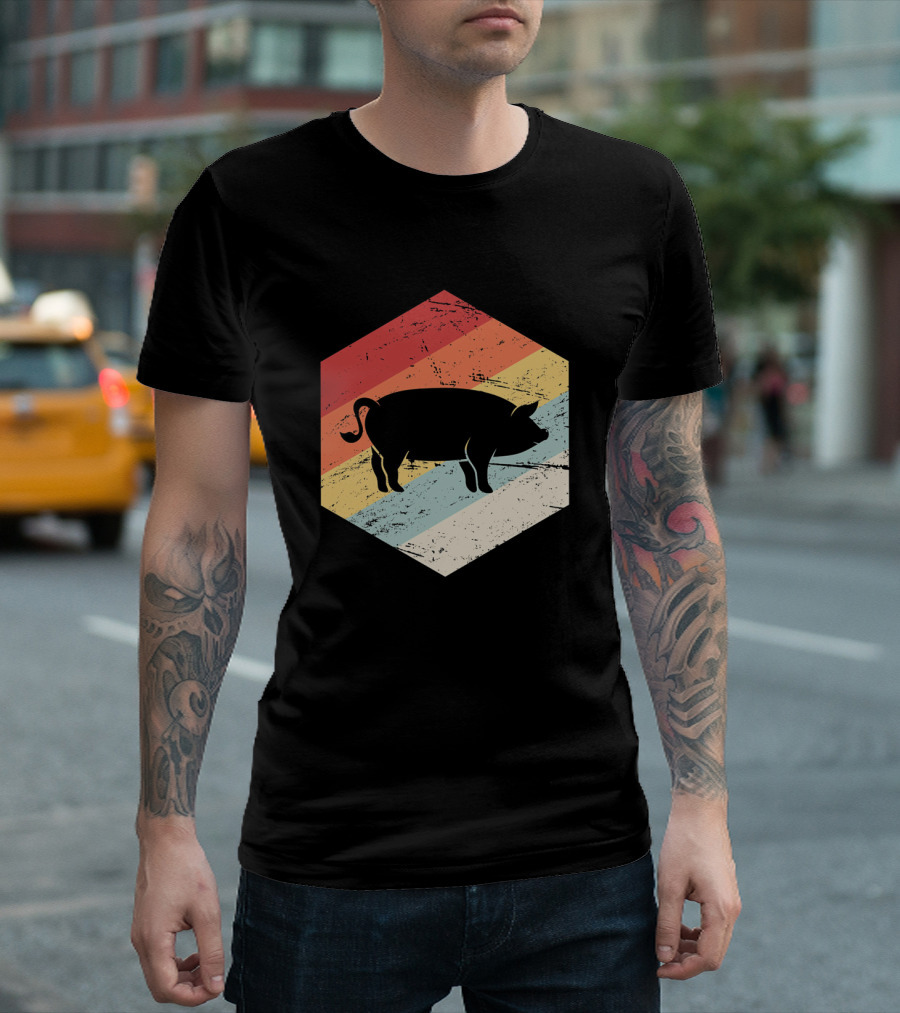 Retro Vintage Pig Farmer Icon Hexagonal Stripes T-Shirt