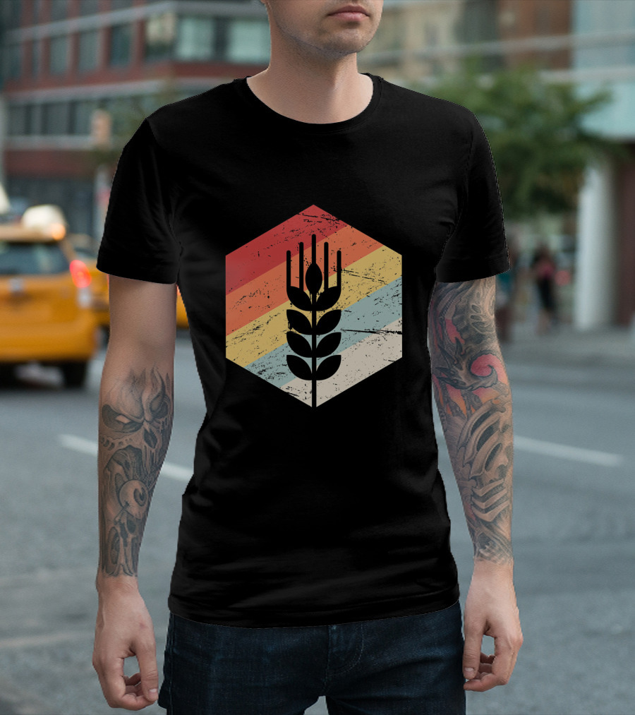 Retro Vintage Wheat Grain Farmer Hexagon Stripes T-Shirt