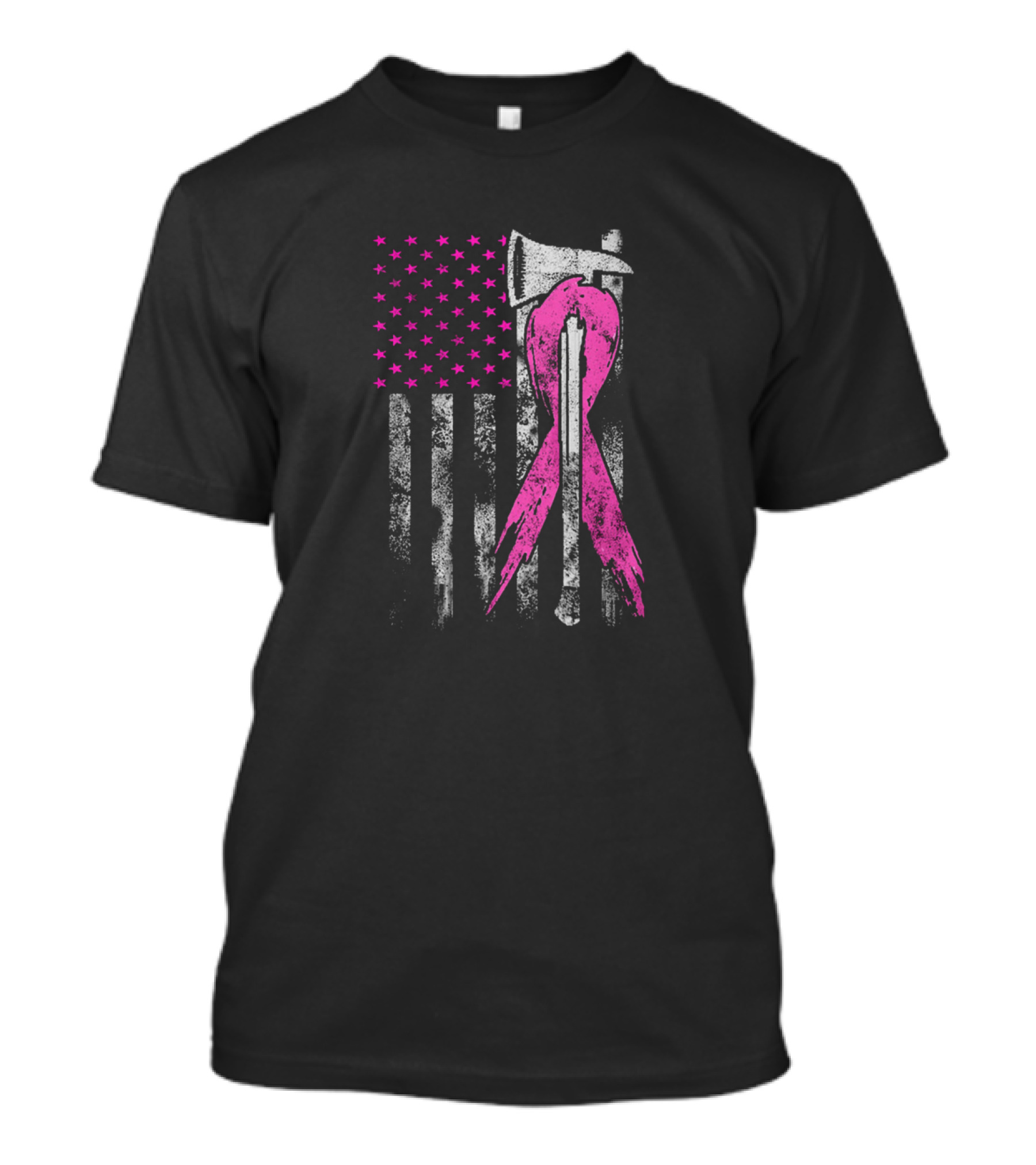 Firefighter Breast Cancer Awareness Pink Ribbon American Flag Axe T-Shirt