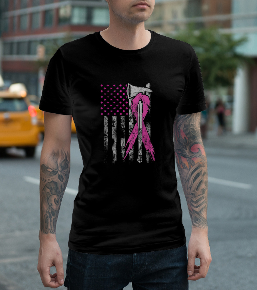 Firefighter Breast Cancer Awareness Pink Ribbon American Flag Axe T-Shirt
