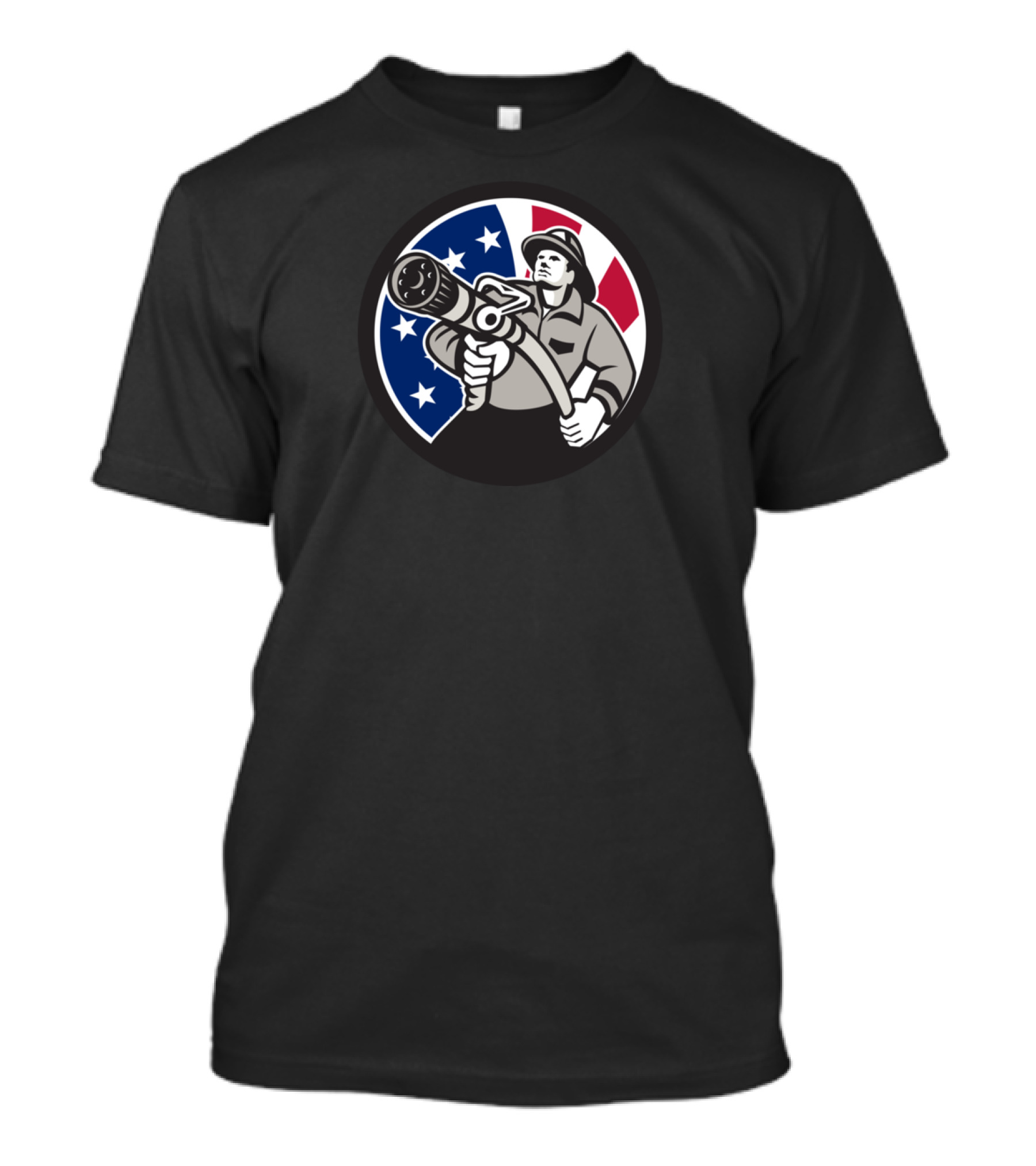 American Fireman Holding Hose With USA Flag Background T-Shirt