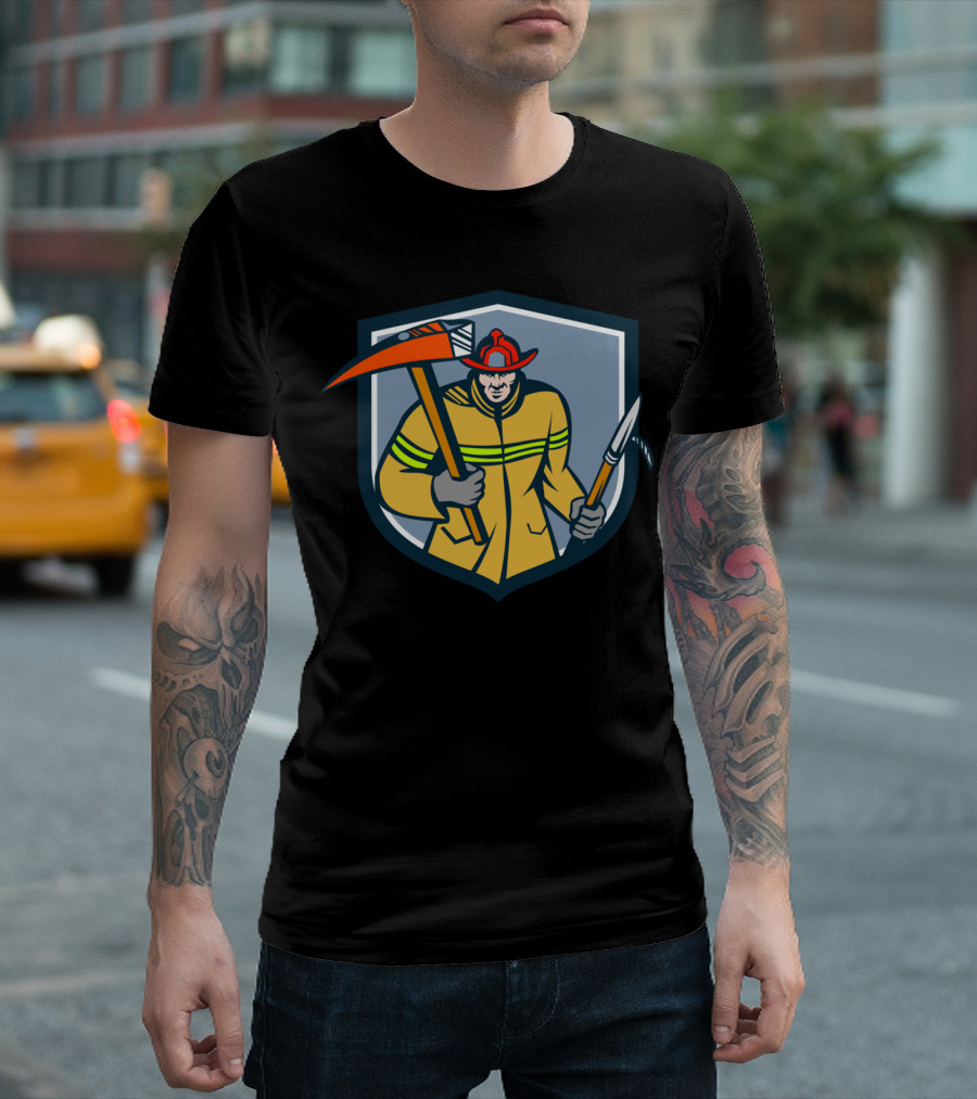 Fireman Firefighter Crest with Axe and Hook in Shield T-Shirt