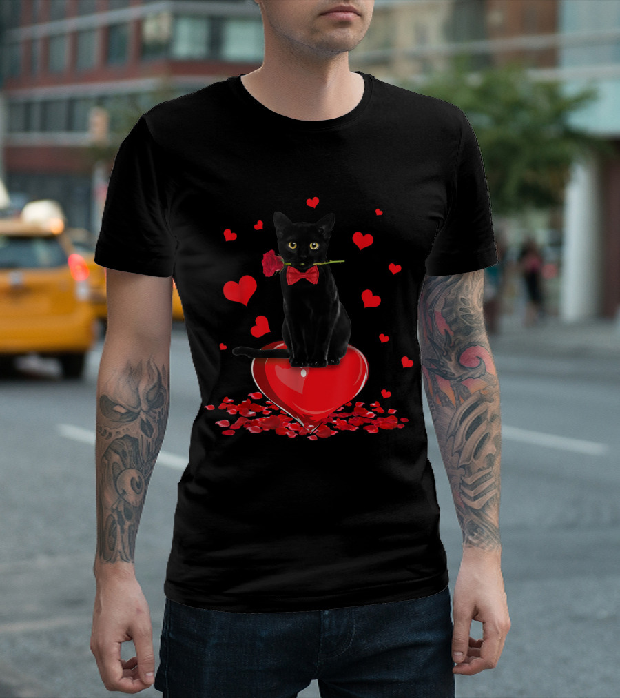 Valentine Black Cat Rose Heart Petals Bow Tie T-Shirt