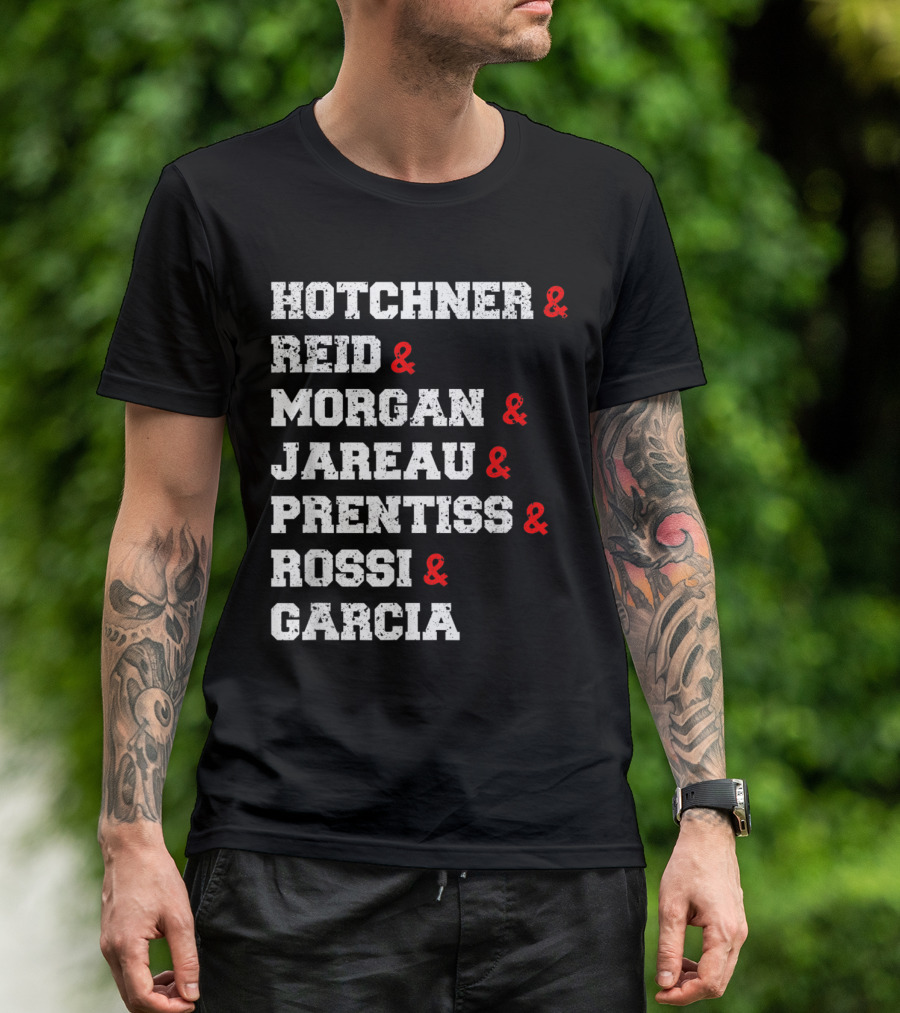 Hotchner Reid Morgan Jareau Prentiss Rossi Garcia Distressed Criminal Funny Minds Characters T-Shirt