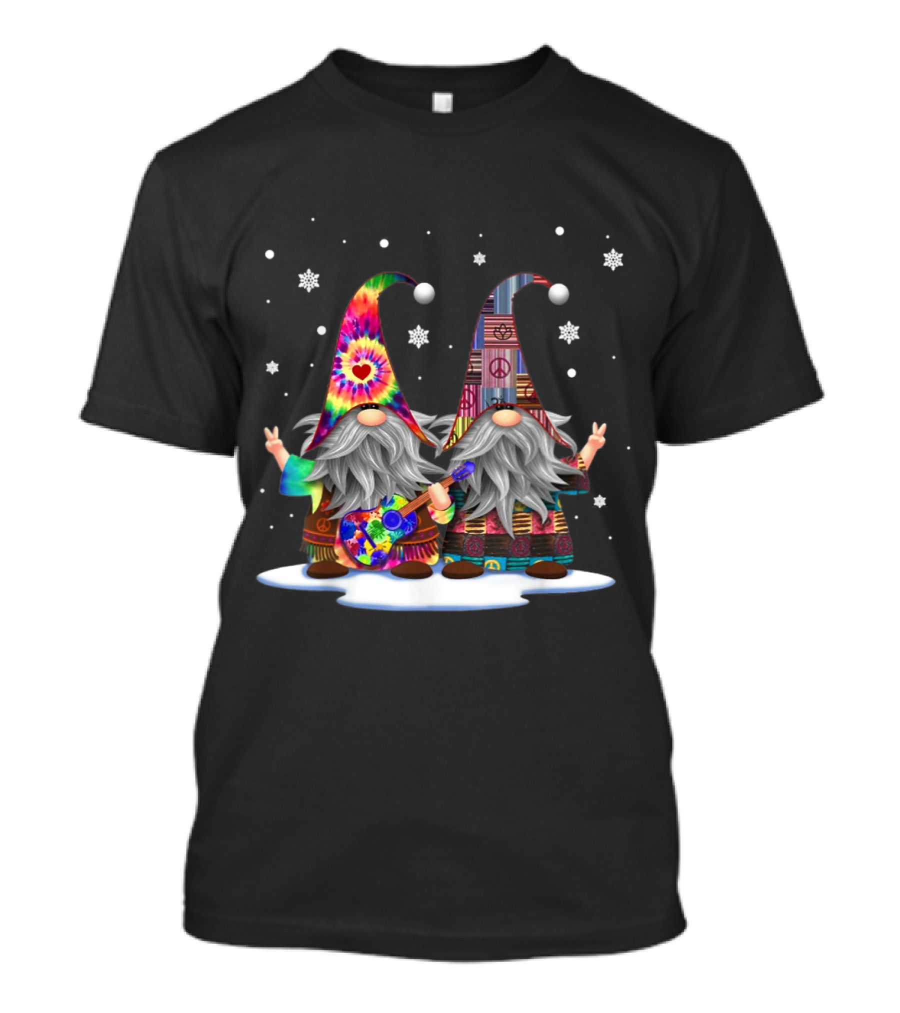 Hanging With Red Gnomies Hippie Gnome Christmas Lovers Snowflake Peace Sign Tie-Dye Guitar T-Shirt