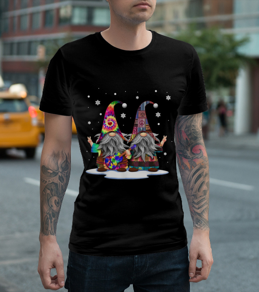 Hanging With Red Gnomies Hippie Gnome Christmas Lovers Snowflake Peace Sign Tie-Dye Guitar T-Shirt