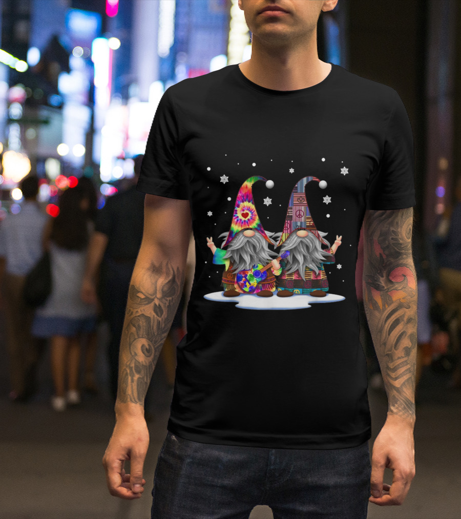 Hanging With Red Gnomies Hippie Gnome Christmas Lovers Snowflake Peace Sign Tie-Dye Guitar T-Shirt