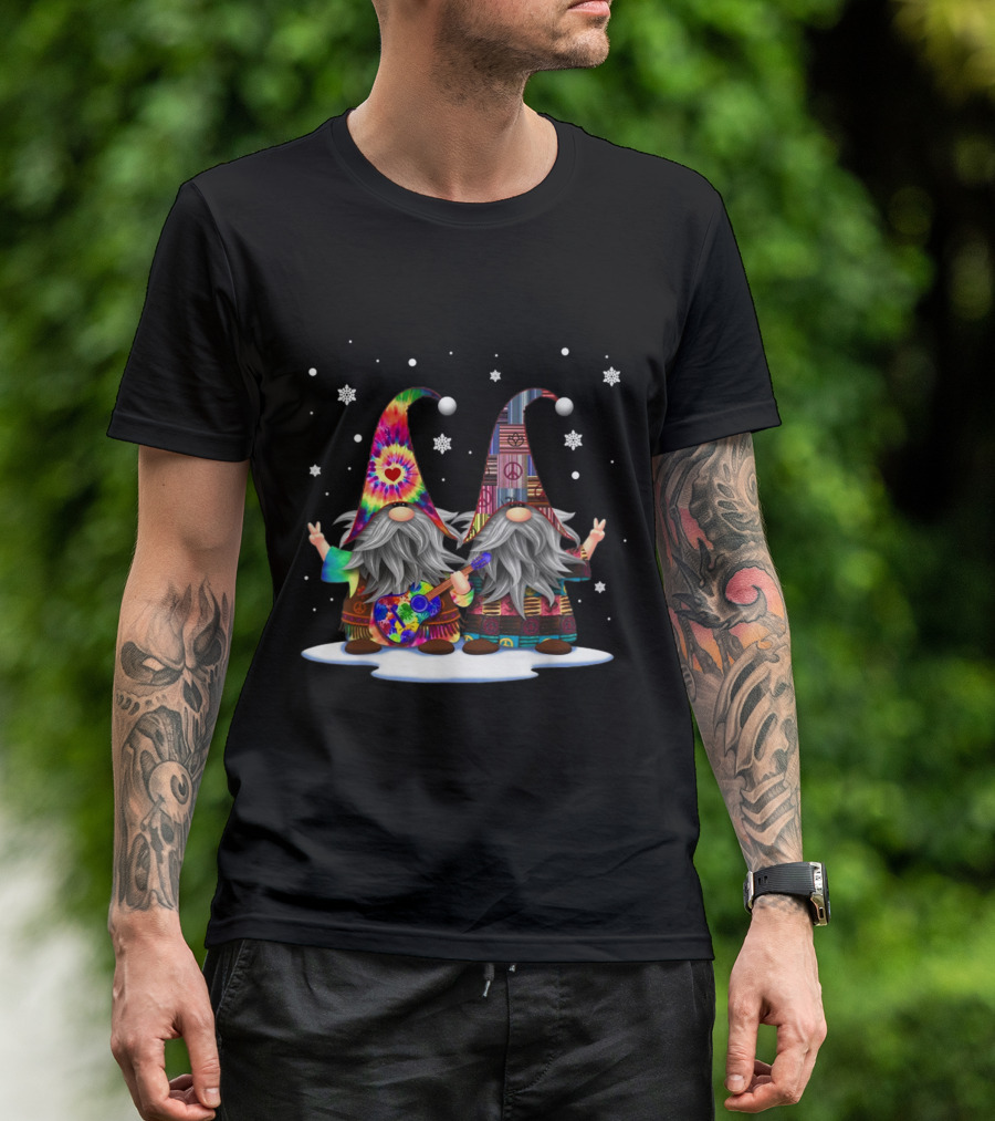 Hanging With Red Gnomies Hippie Gnome Christmas Lovers Snowflake Peace Sign Tie-Dye Guitar T-Shirt