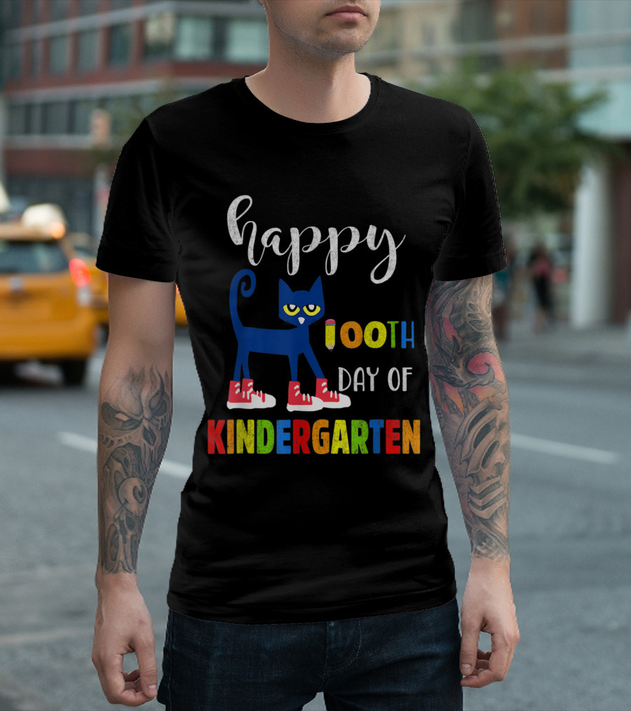 Happy 100th Day Of Kindergarten With Blue Cat In Red Shoes T-Shirt