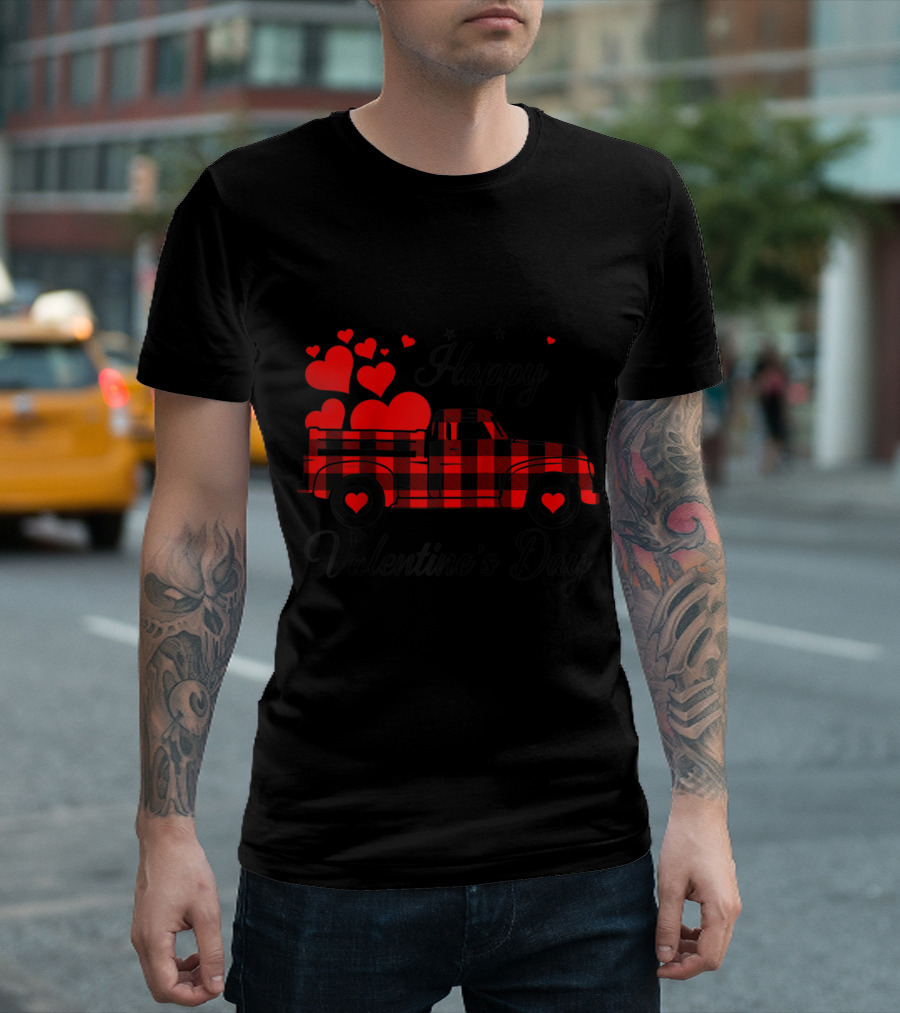 Happy Valentine's Day Heart Buffalo Plaid Love Truck Raglan Baseball T-Shirt