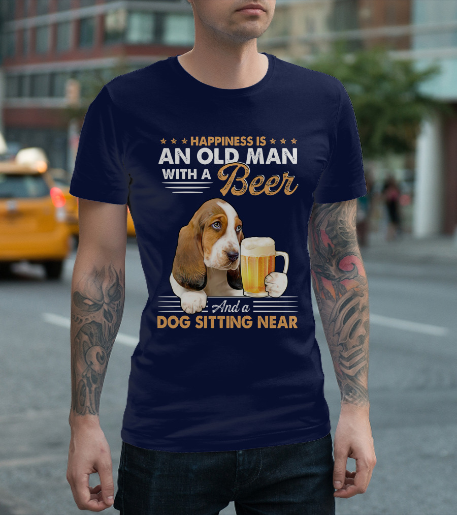Happiness Is An Old Man With A Beer And A Dog Sitting Near T-Shirt