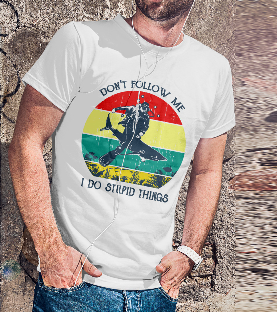 Don't Follow Me I Do Stupid Things Scuba Diver Riding Shark Vintage Stripes T-Shirt
