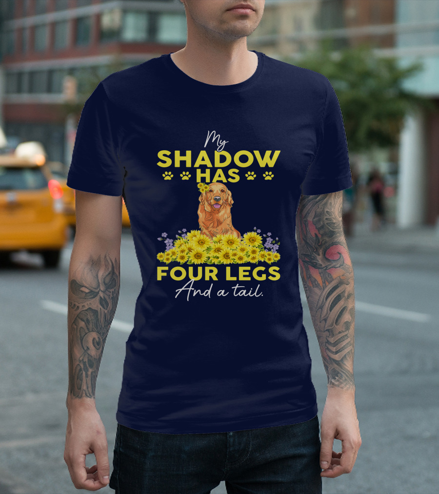 Golden Retriever My Shadow Has Four Legs And A Tail With Paw Prints And Yellow Flowers T-Shirt
