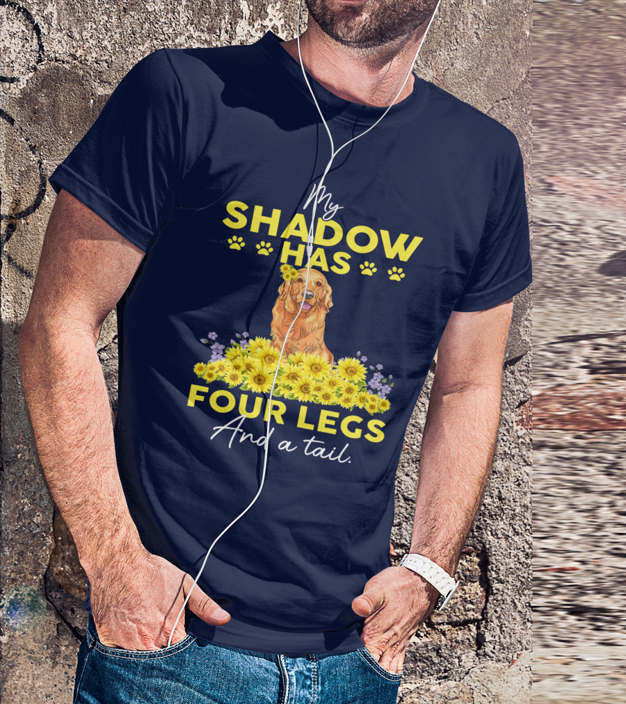 Golden Retriever My Shadow Has Four Legs And A Tail With Paw Prints And Yellow Flowers T-Shirt