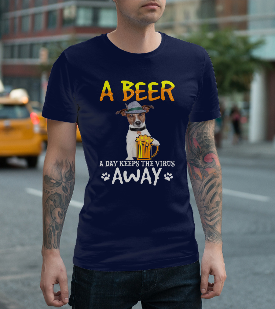 A Beer A Day Keeps The Virus Away Jack Russell With Hat And Beer Mug T-Shirt