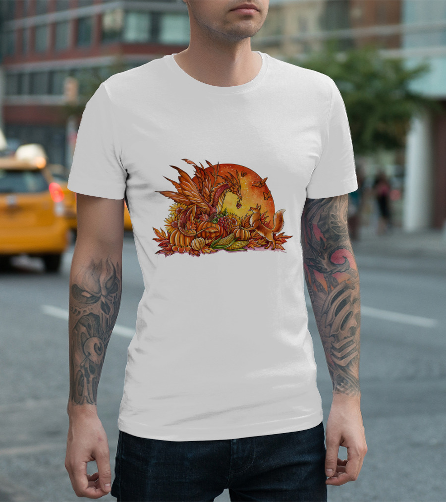 Halloween Dragon and Fox with Pumpkins and Butterflies T-Shirt