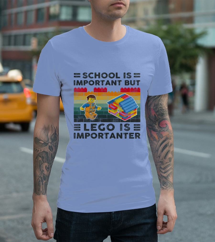 School is Important but Lego is Importanter Colorful Brick Background T-Shirt