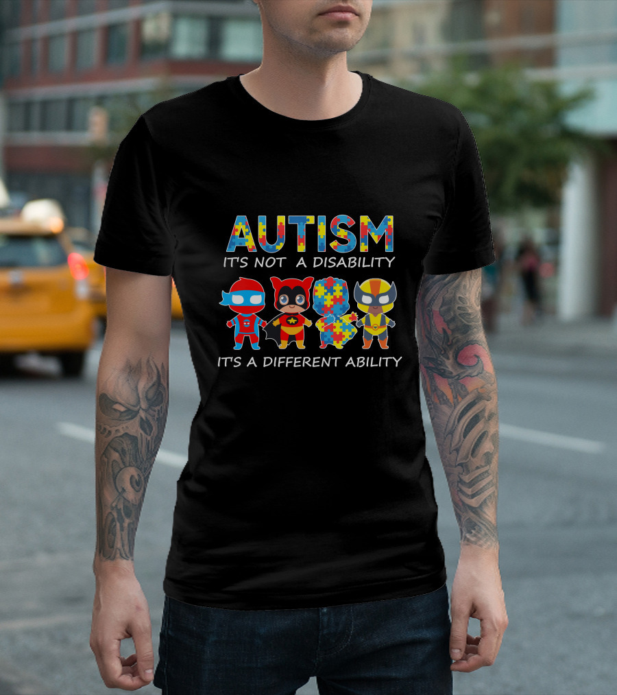 AUTISM IT'S NOT A DISABILITY IT'S A DIFFERENT ABILITY Superhero Puzzle Piece T-Shirt