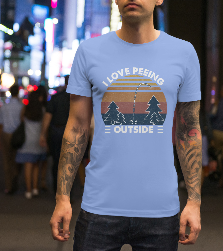 I Love Peeing Outside Retro Forest Sunset Trees Scene T-Shirt