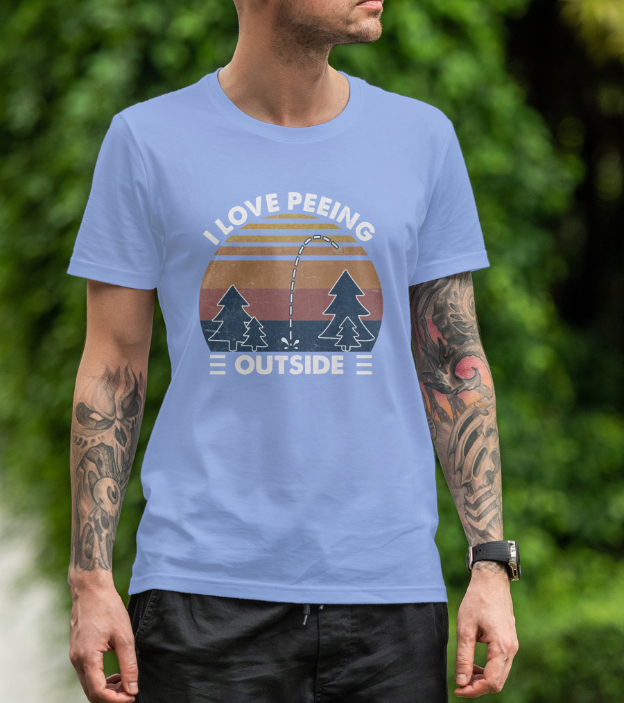I Love Peeing Outside Retro Forest Sunset Trees Scene T-Shirt