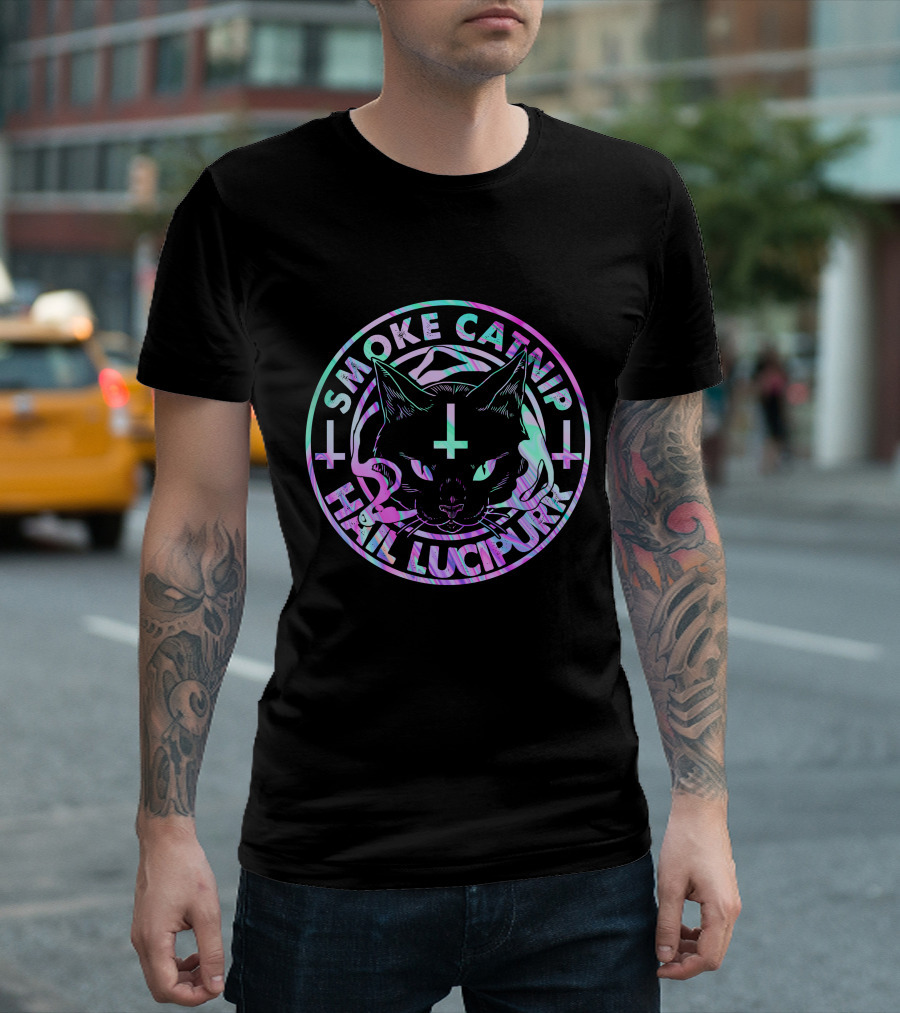 SMOKE CATNIP HAIL LUCIPURR CAT WITH PENTAGRAM AND INVERTED CROSSES T-Shirt