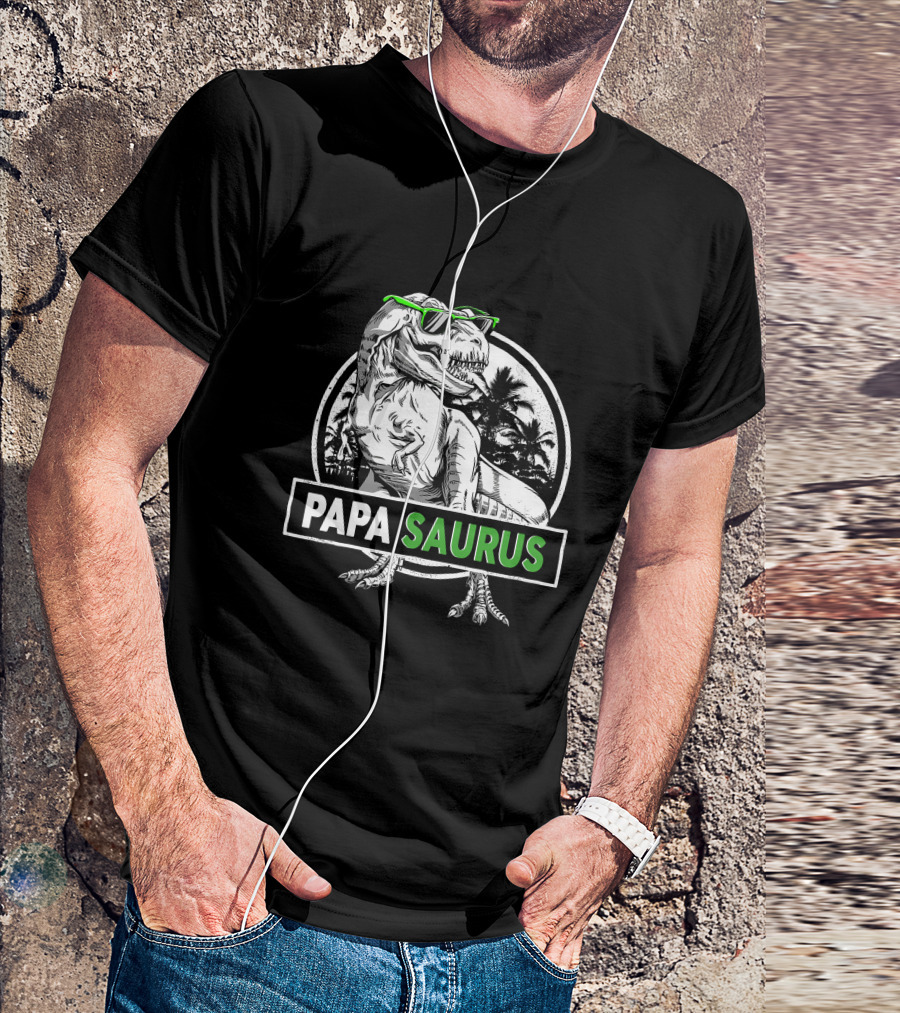 Papasaurus Rex Dinosaur With Sunglasses Tropical Scene T-Shirt