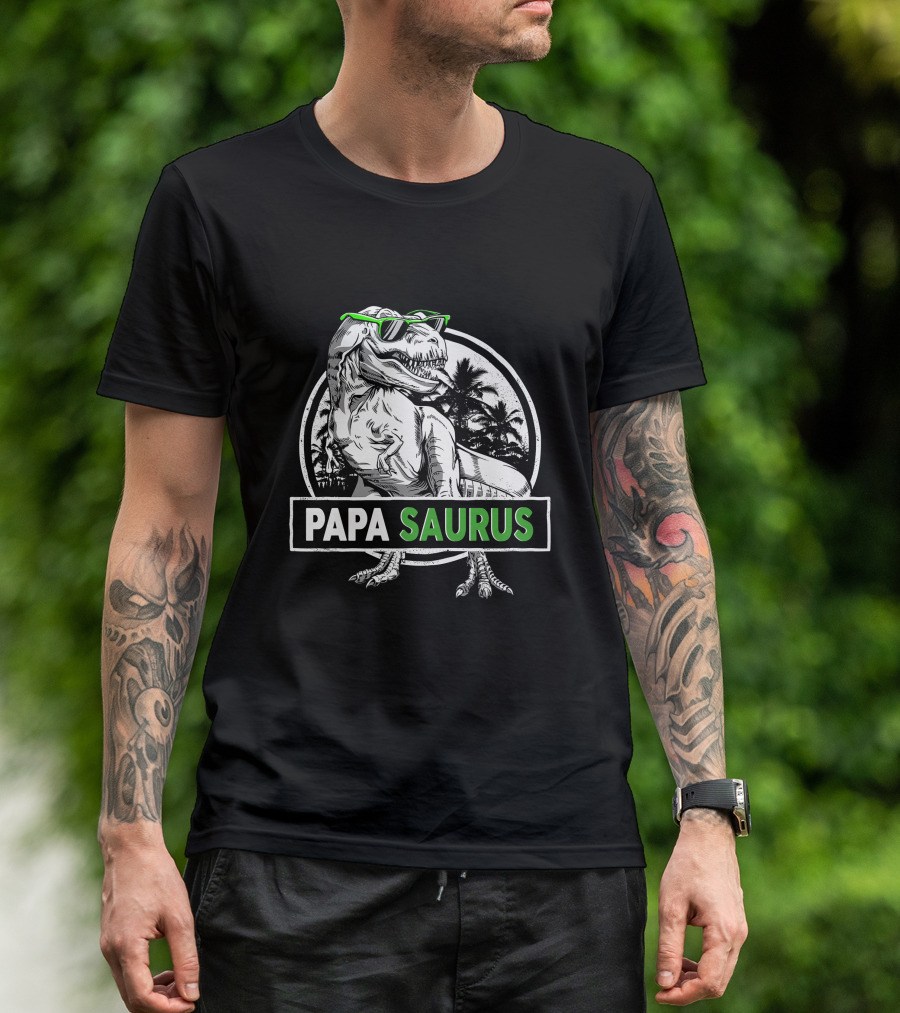 Papasaurus Rex Dinosaur With Sunglasses Tropical Scene T-Shirt