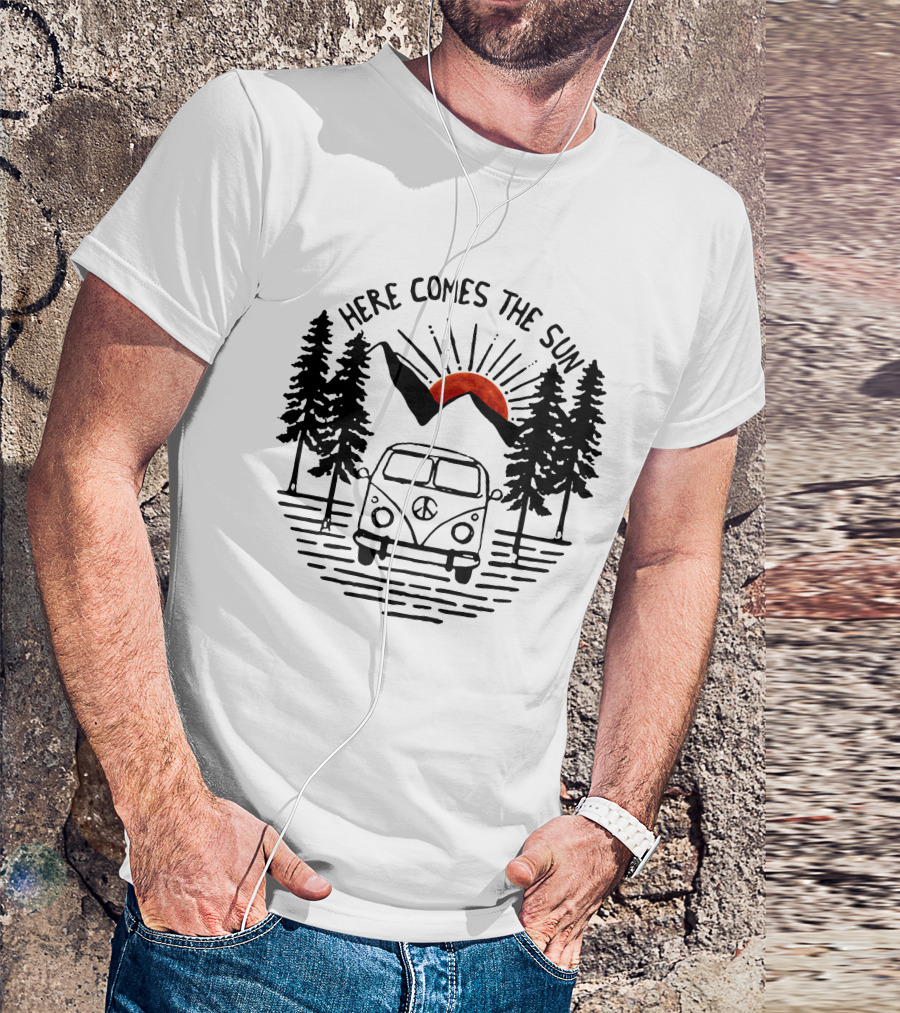 Here Comes The Sun Vintage Van Sunset Forest Scene T-Shirt