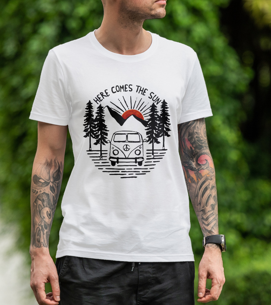 Here Comes The Sun Vintage Van Sunset Forest Scene T-Shirt