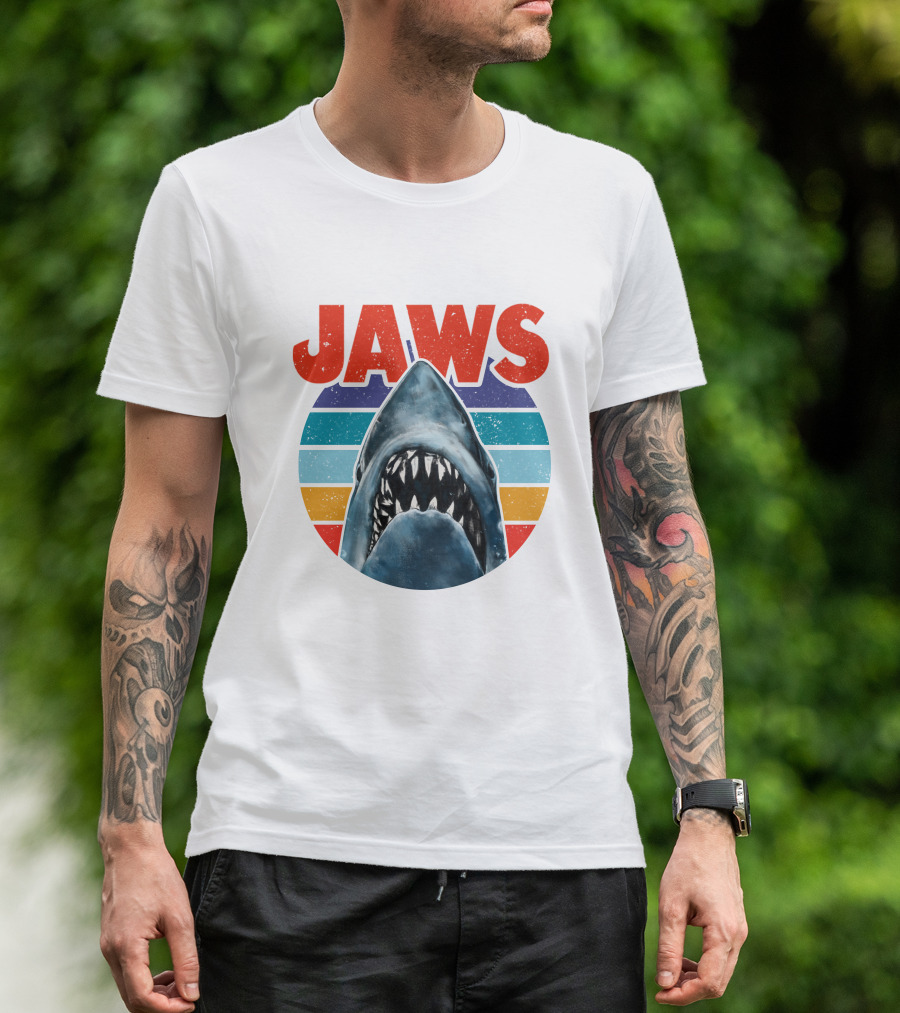 Jaws Shark Vintage Retro Colorful Stripes T-Shirt