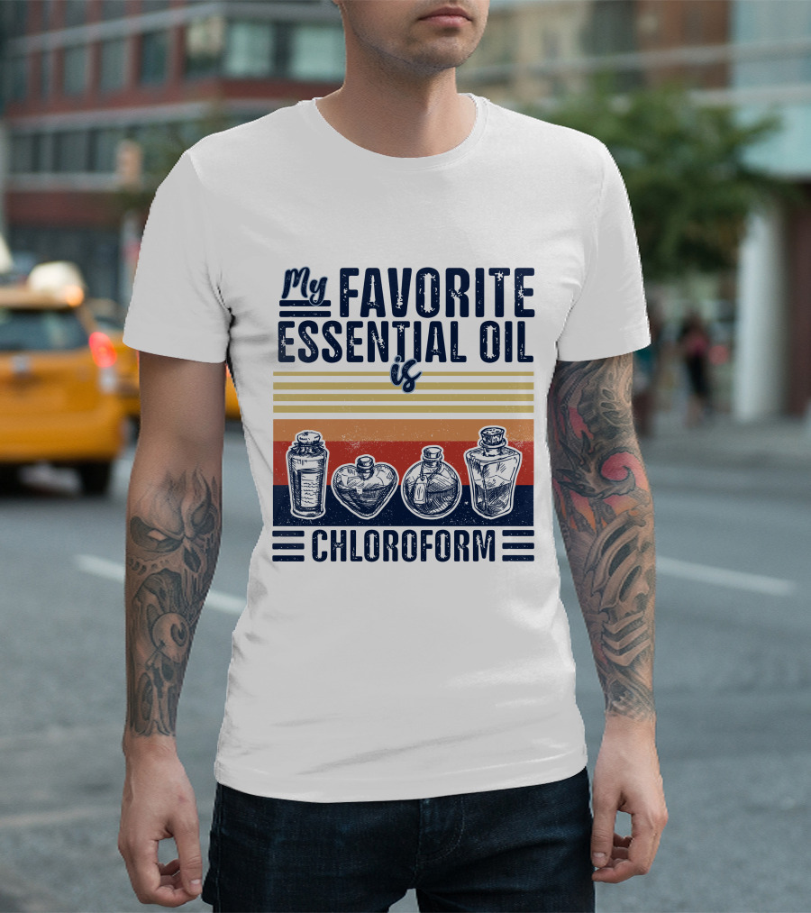 My Favorite Essential Oil Is Chloroform Light Blue Vintage Bottles Stripes T-Shirt