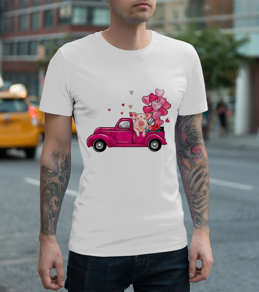 Too Cute Valentine Pig with Heart Balloons in Vintage Truck Costume Boy Girl T-Shirt