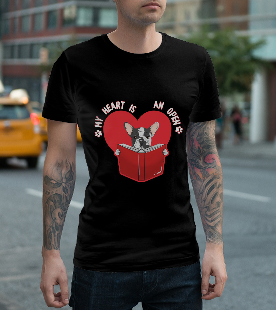 Valentines Day Reading My Heart Is An Open Book Bulldog T-Shirt