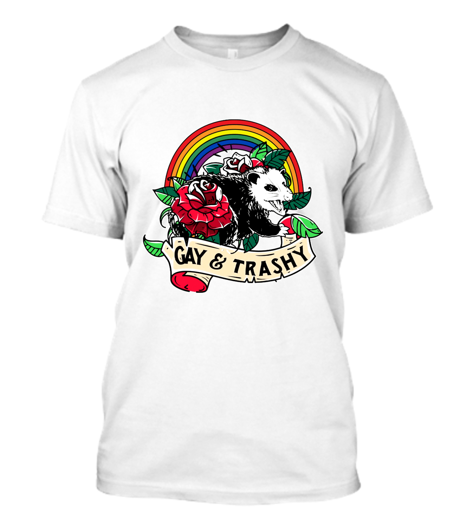 Gay And Trashy Raccoon With Rainbow And Roses T-Shirt