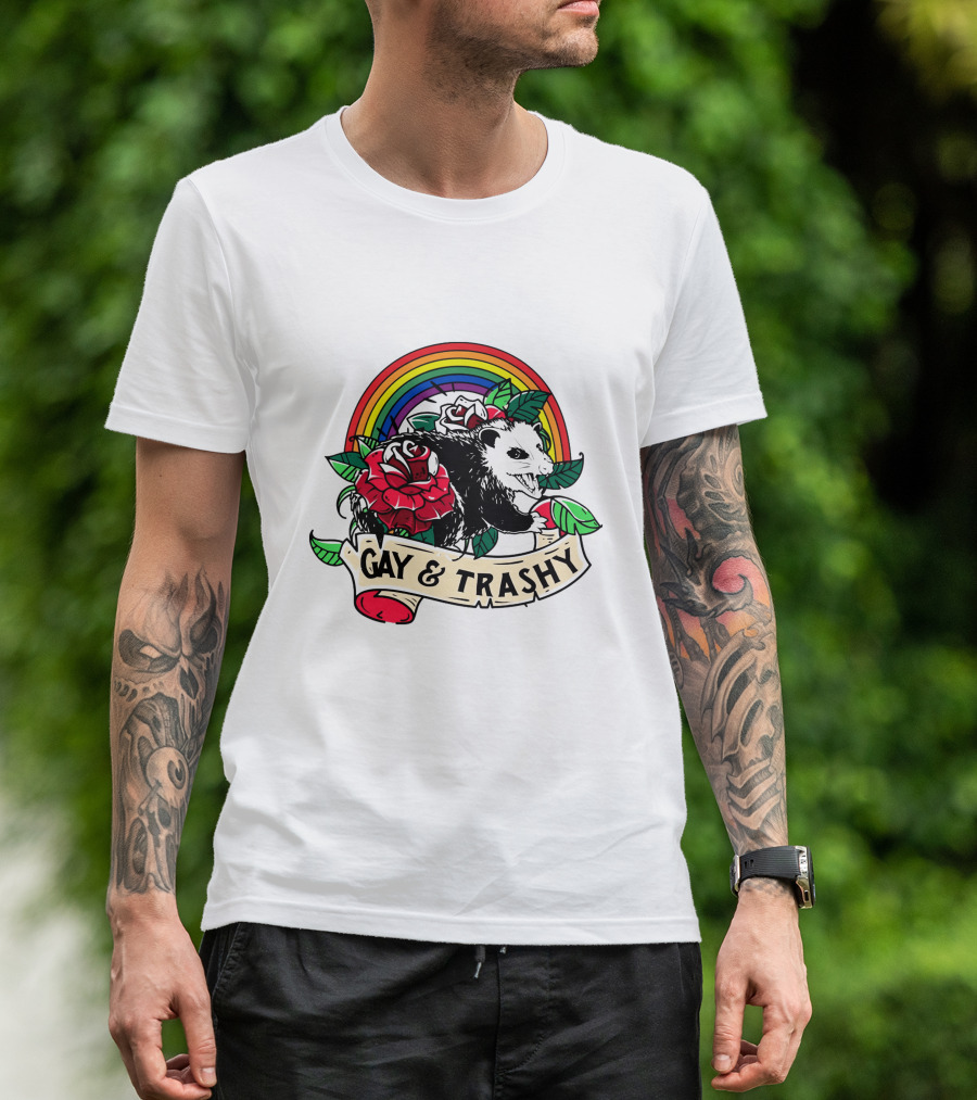 Gay And Trashy Raccoon With Rainbow And Roses T-Shirt