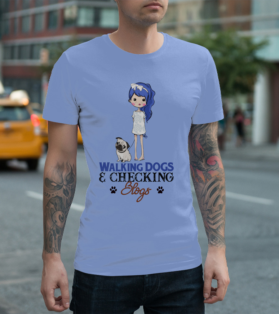 Pug Girl Walking Dogs and Checking Blogs with Blue Hair and Bow T-Shirt