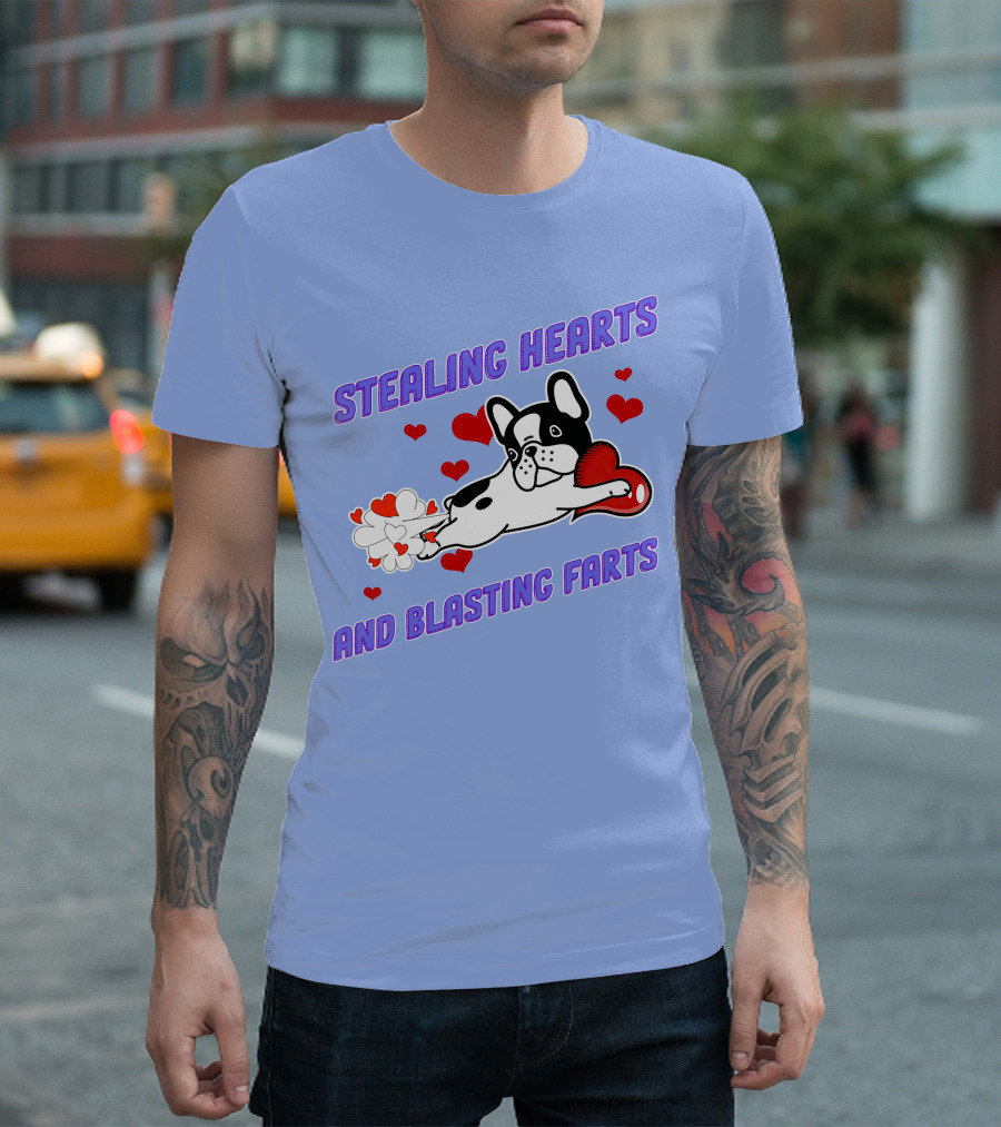 Bulldog Stealing Hearts and Blasting Farts with Hearts and Fart Clouds T-Shirt