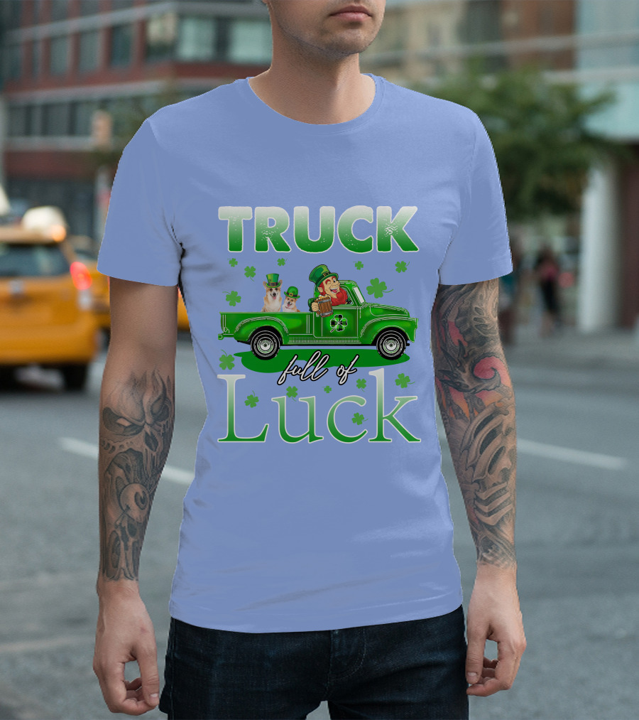 Truck Full of Luck Corgi and Leprechaun in Green Shamrock Pickup T-Shirt