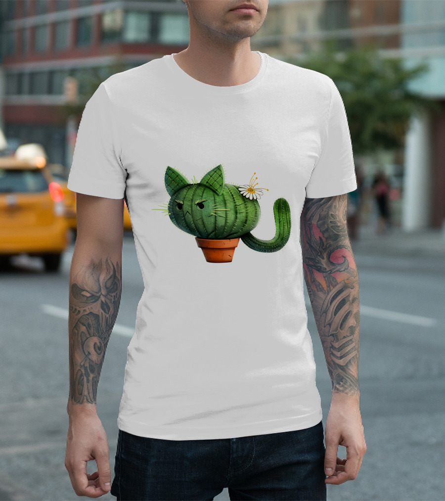 Cat Cactus With Flower In Pot T-Shirt