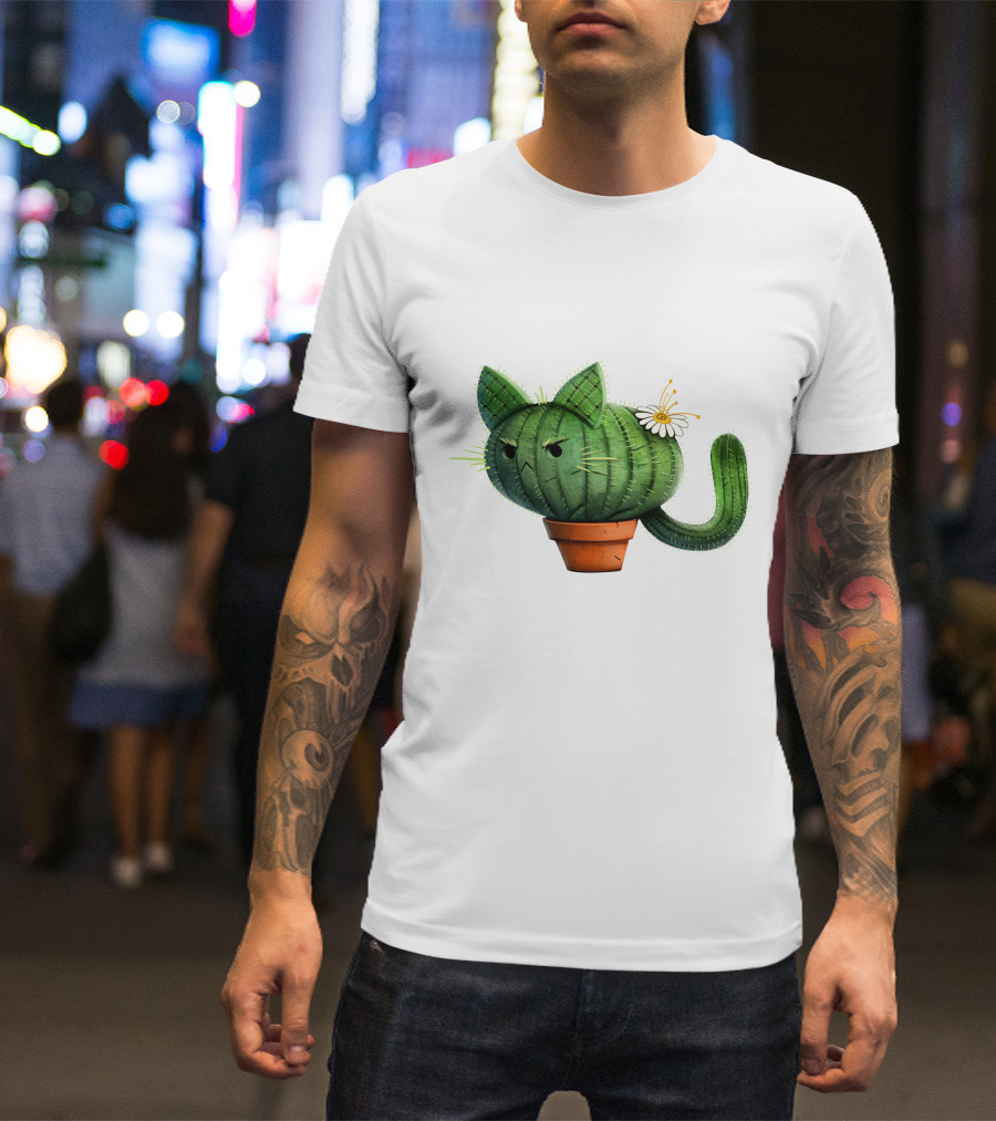 Cat Cactus With Flower In Pot T-Shirt