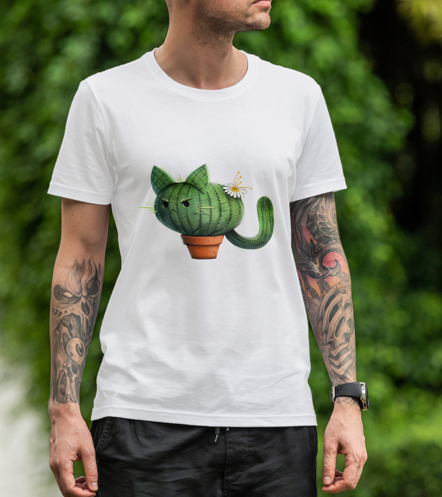 Cat Cactus With Flower In Pot T-Shirt