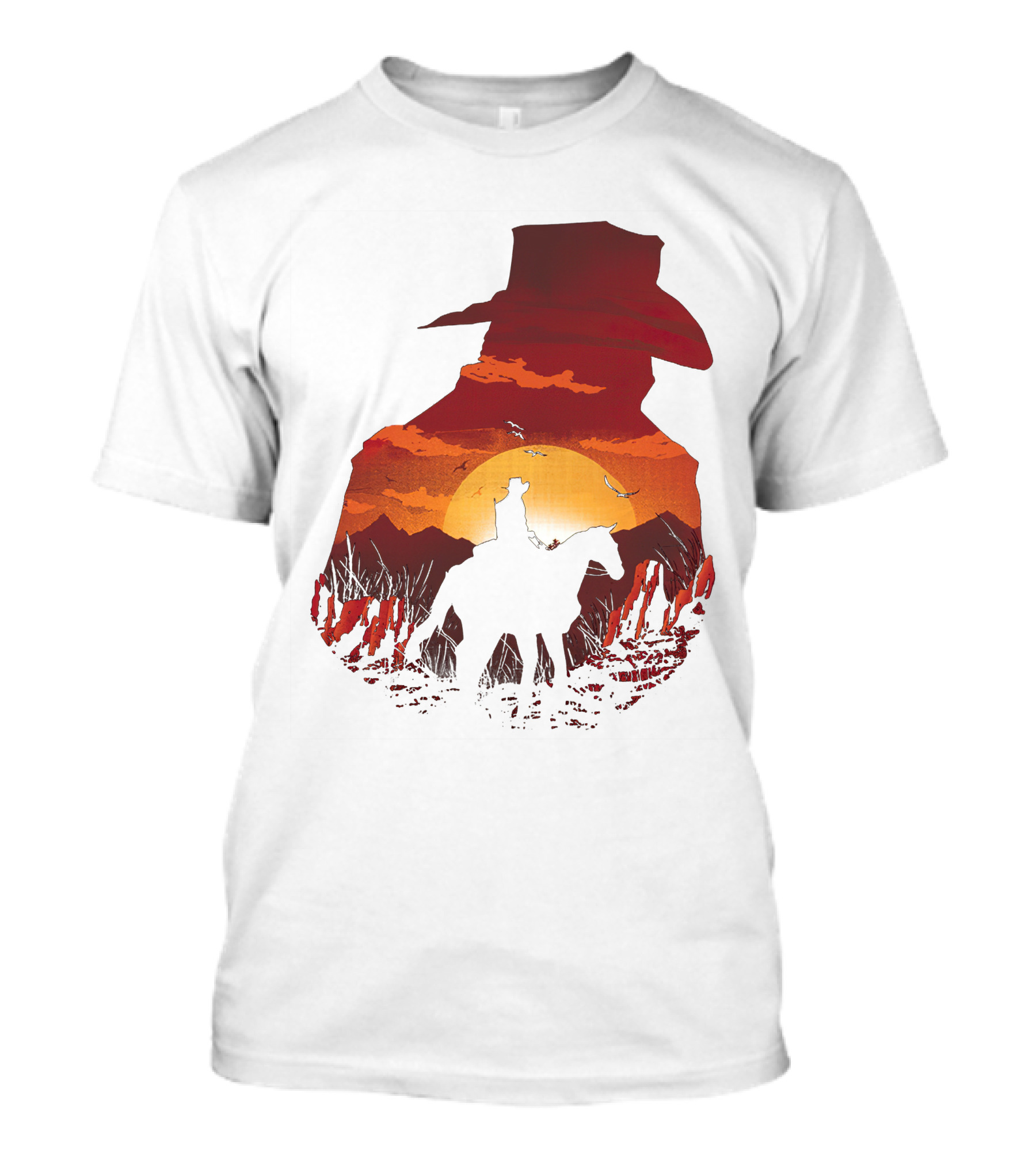 Vintage Western Sunset Cowboy Horse Riding Rodeo Mens Boy Hat T-Shirt