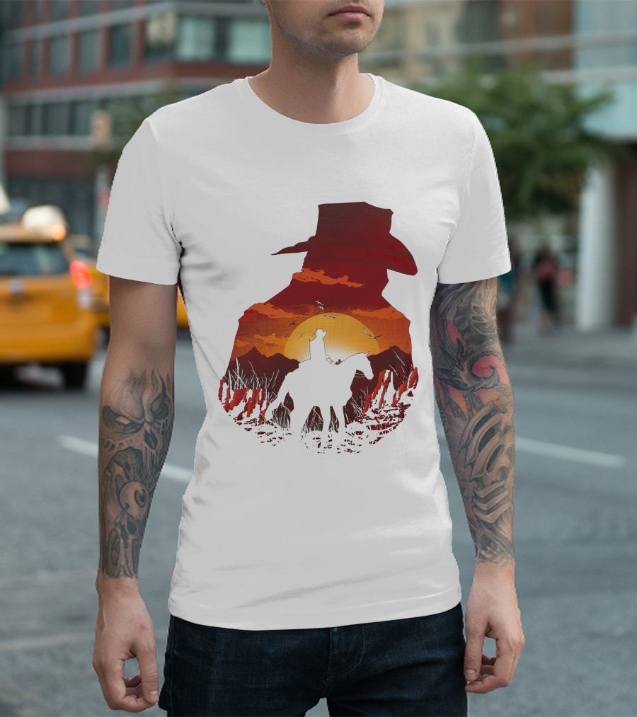 Vintage Western Sunset Cowboy Horse Riding Rodeo Mens Boy Hat T-Shirt