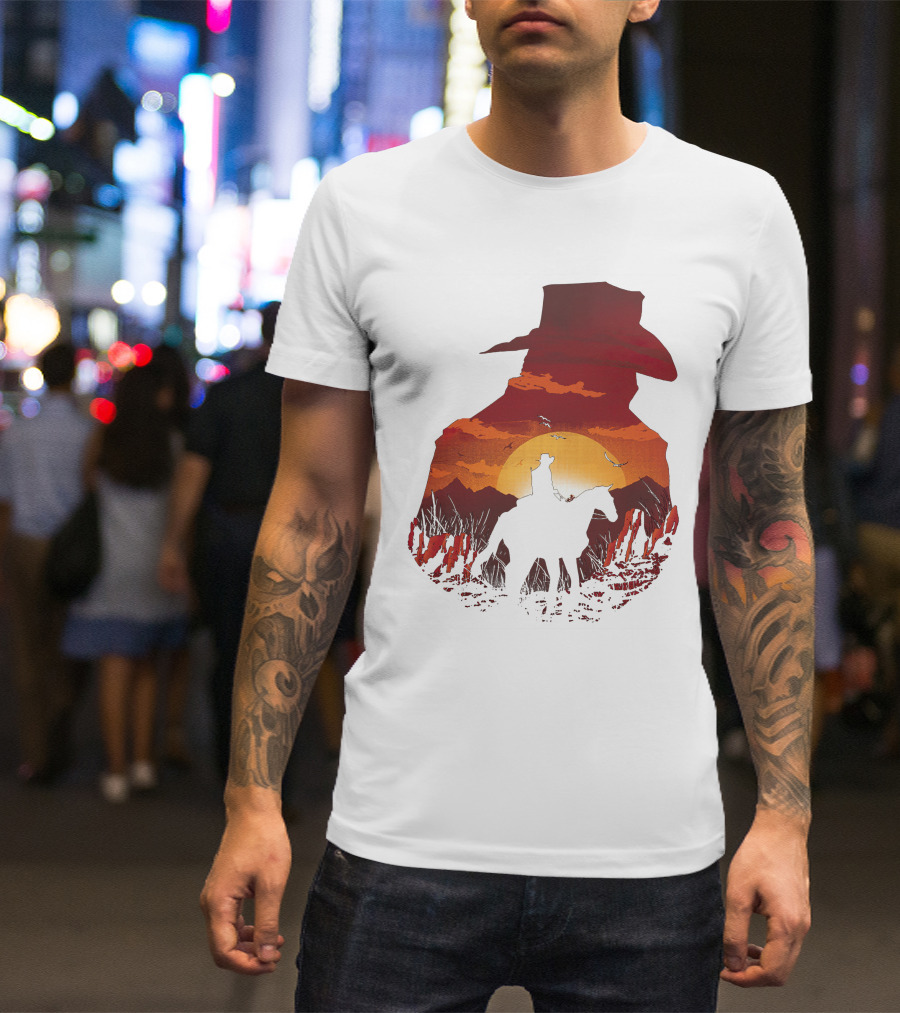 Vintage Western Sunset Cowboy Horse Riding Rodeo Mens Boy Hat T-Shirt